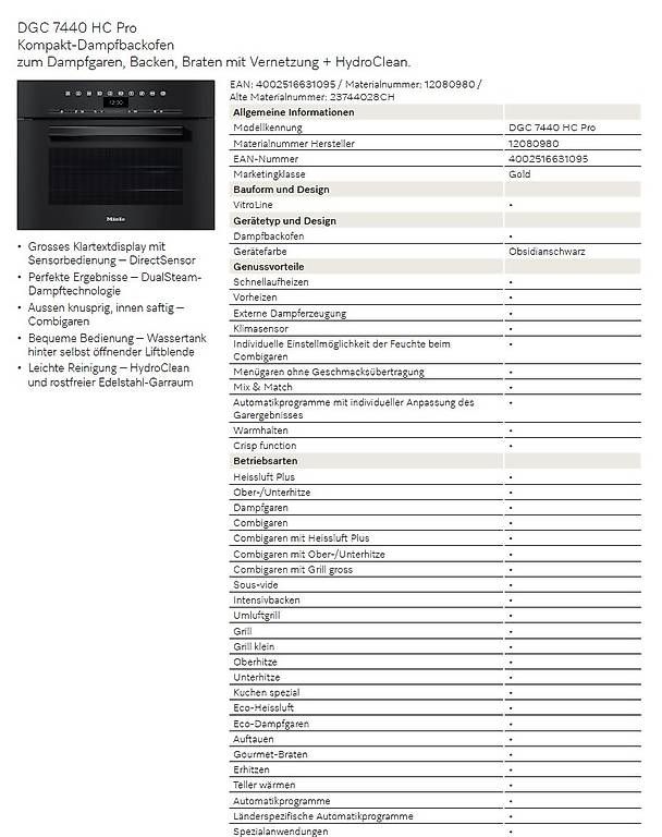 Miele Elettrodomestici da cucina: Miele Dampfbackofen DGC 7440 HC Pro Obsidianschwarz – Nuovo (secondo la descrizione) da Egg b. Zürich venduto da Appi11 1
