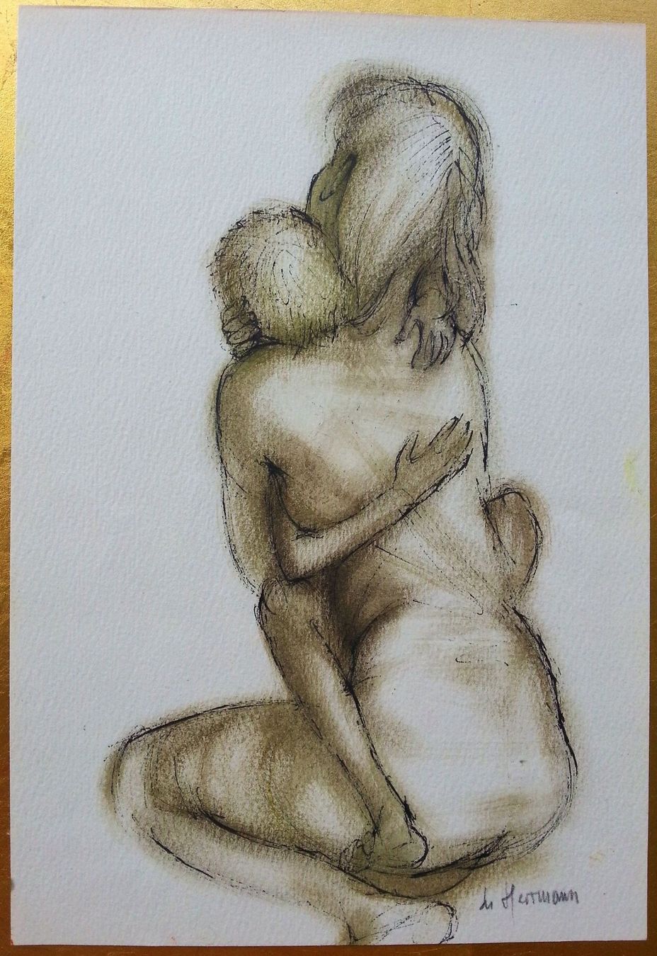 Dipinti: Bild Gemälde Aquarell: Mutter & Kind, L. Herrmann, 1980-1990 – Usato da Oberriet SG venduto da ganesh435