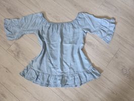 Leichtes Jeanshemd M Off-Shoulder mit Rüschen, Sommer 