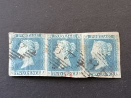 Two pence blue 1841 Platte 4, 3er Streifen 