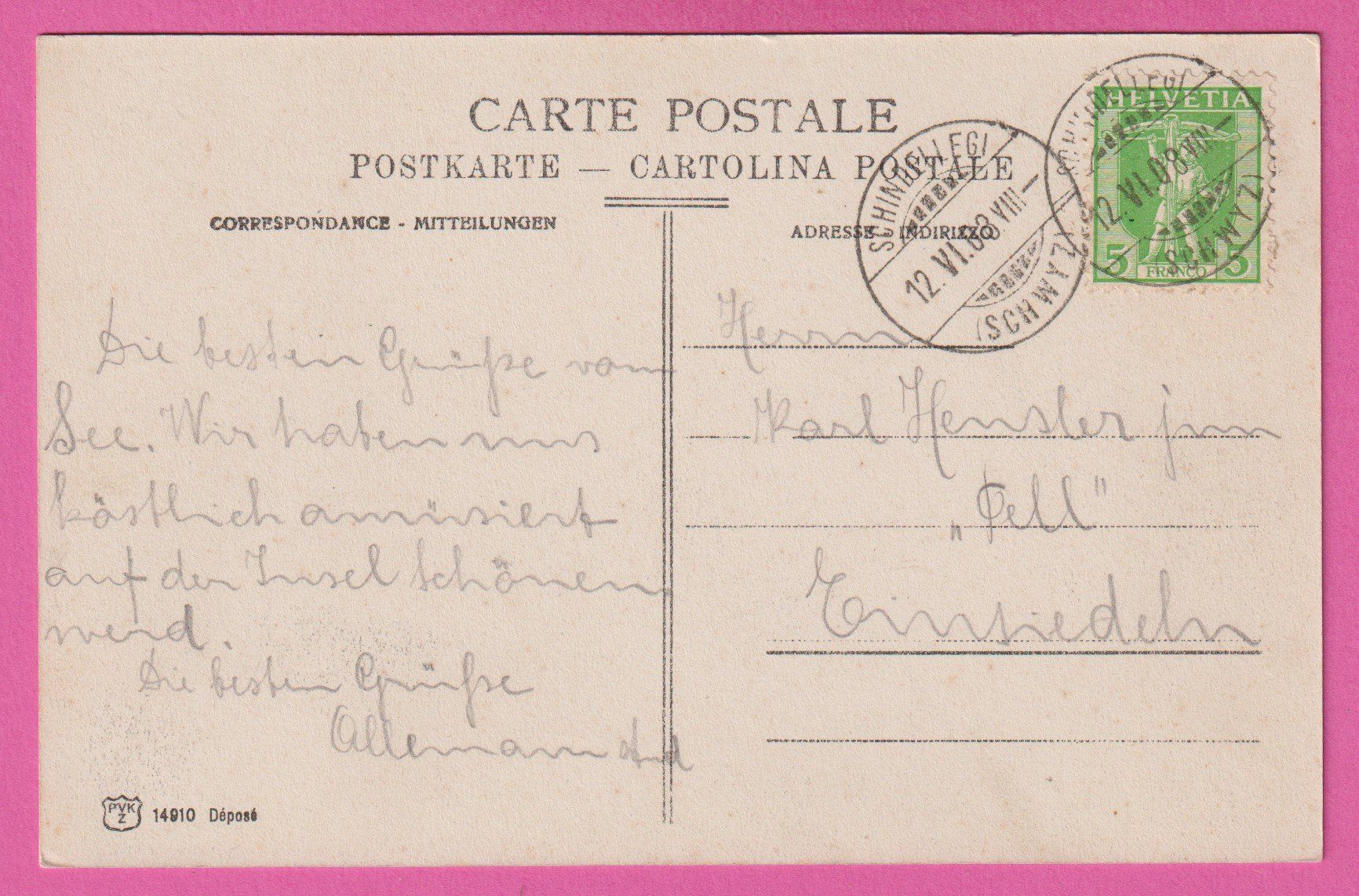 Cartoline postali: Richterswil gel 1908 – Usato da Einsiedeln venduto da dillie 1