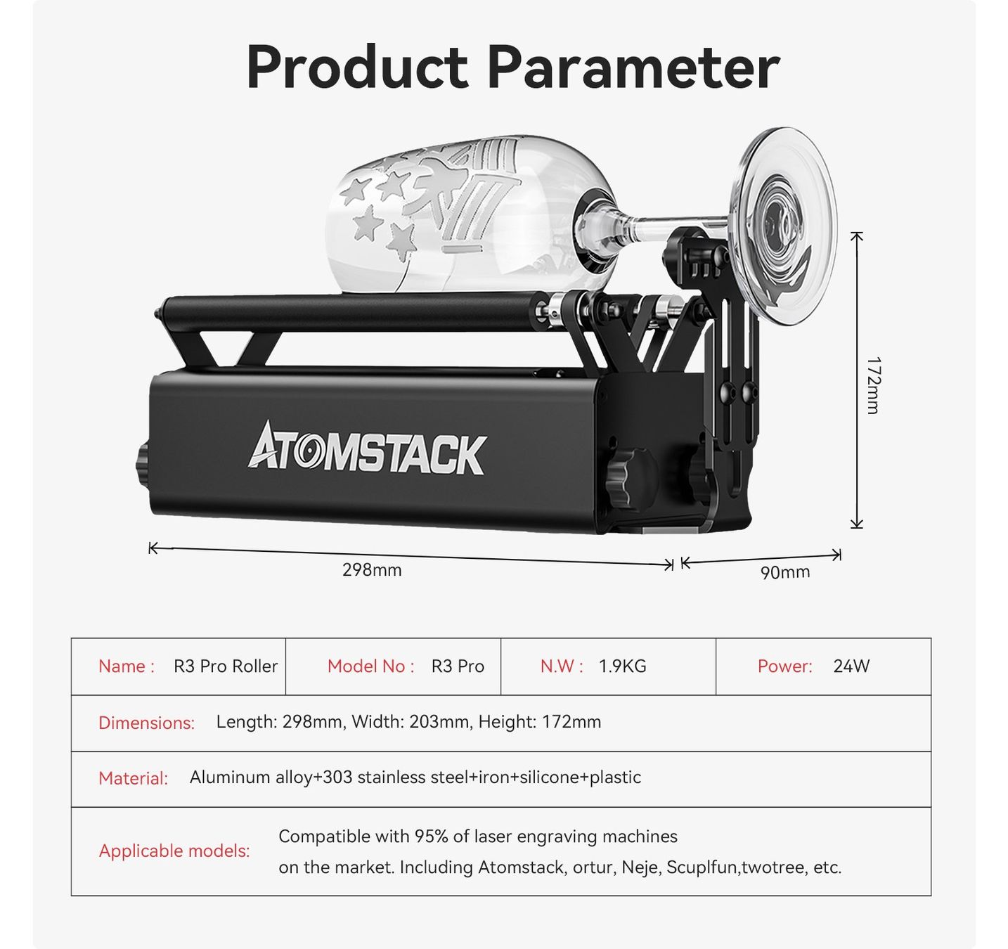 Tutte le macchine: ATOMSTACK R3 Pro Laser-Rotationswalzen-Set mit Stützsäule – Nuovo e nell'imballaggio originale da Malans GR venduto da BUYBEST-Schweiz 5