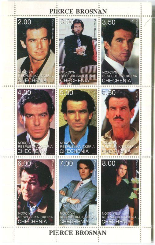 Tutti i francobolli: Block "Pierce Brosnan". Tschetschenien – Nuovo e nell'imballaggio originale da Basel venduto da Butsch5