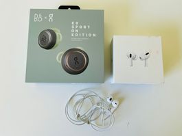 Bang & Olufsen E8 Sport Black, AirPods sans fil et avec fil.