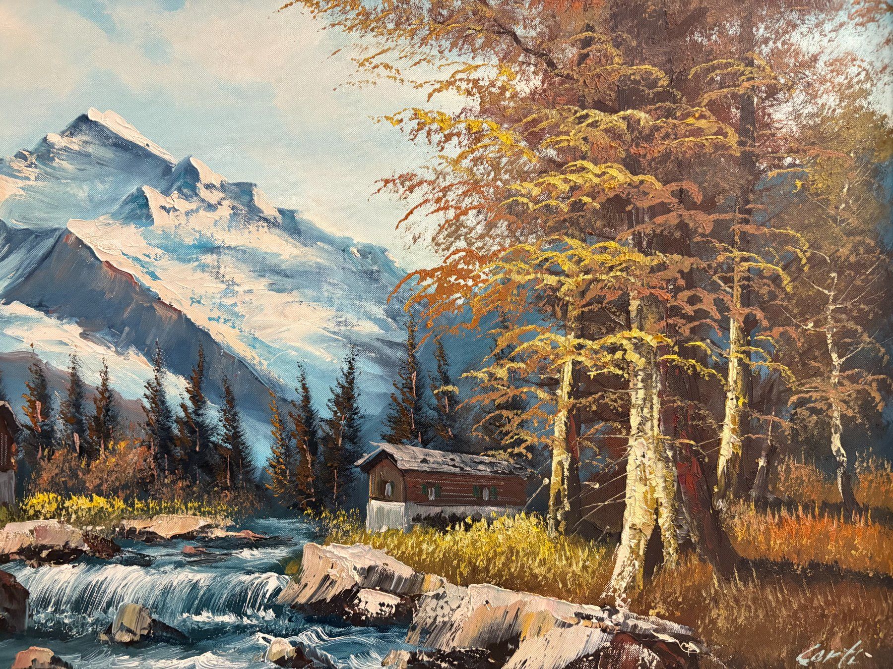 Gemälde: 116 cm breitx 65.5/ Corti/ Ölgemälde Berglandschaft mit Bach – Gebraucht aus Ottenbach von TimelessEmotions. 5