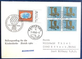 1960 Ballonpostflug für die Kinderdörfer Zürich nach BRD