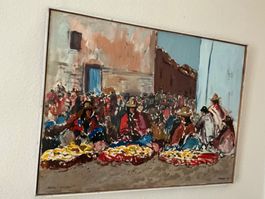 Gemälde Markt Szene Peru signiert Moreau 1984