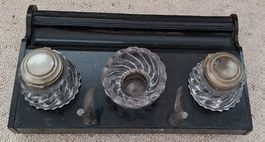 antikes Tintenfass Set aus Holz und Glas