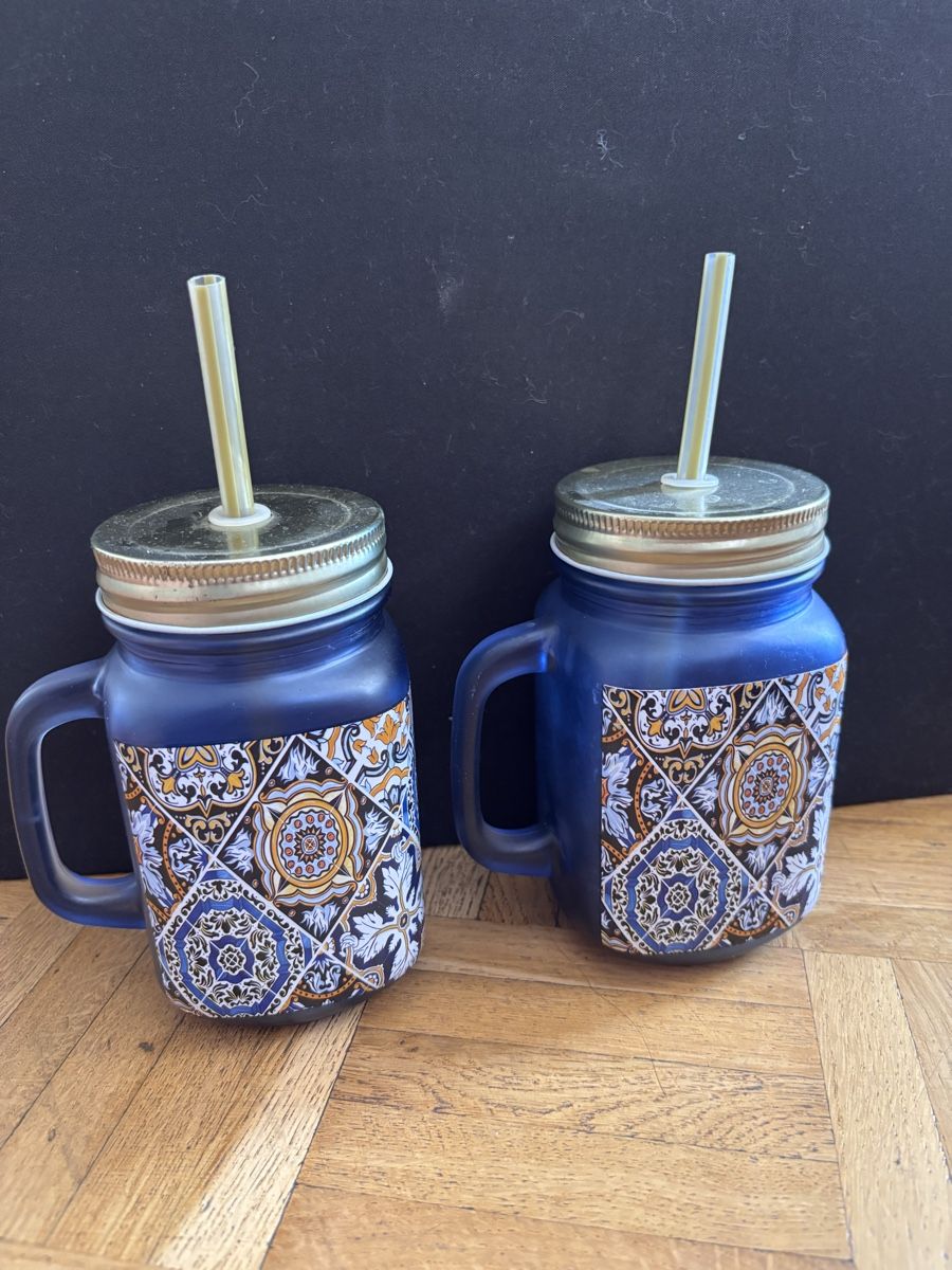 Tutte le decorazioni: 2 Mason Jar Gläser mit Muster und Strohhalm  – Usato da Jona venduto da SaF0da