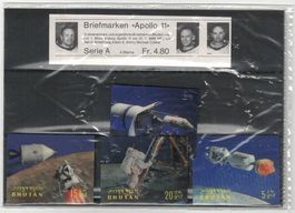 4 x 3D-Briefmarken Bhutan - 1. Mondlandung Apollo 11 1969