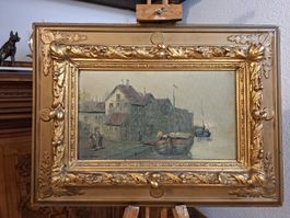 Ölgemälde Holländischer Hafen Vintage Goldrahmen 
