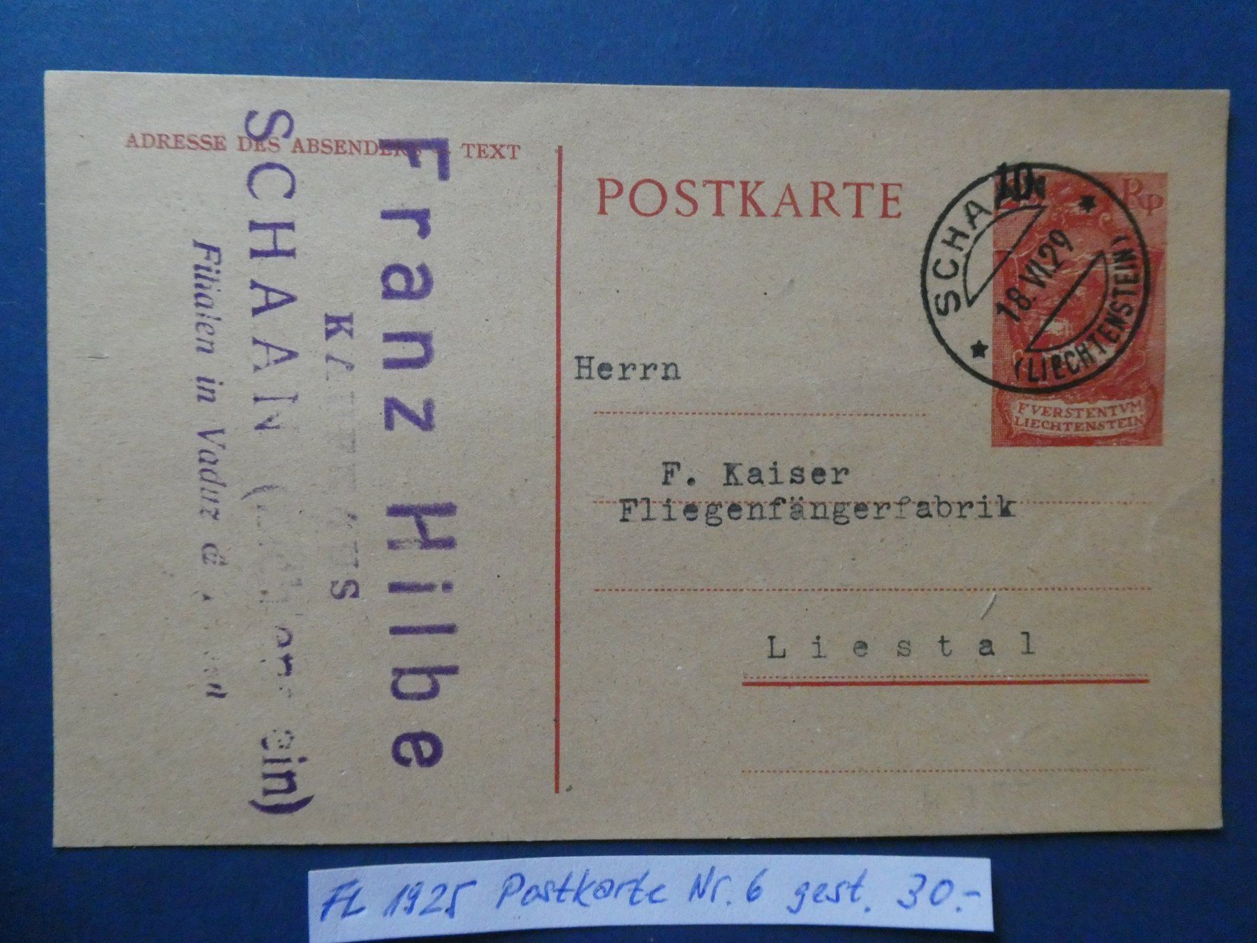 Alle Briefmarken: FL 1925 Postkarte Nr. 6 gestempelt – Gebraucht aus Lausen von Herbamare01