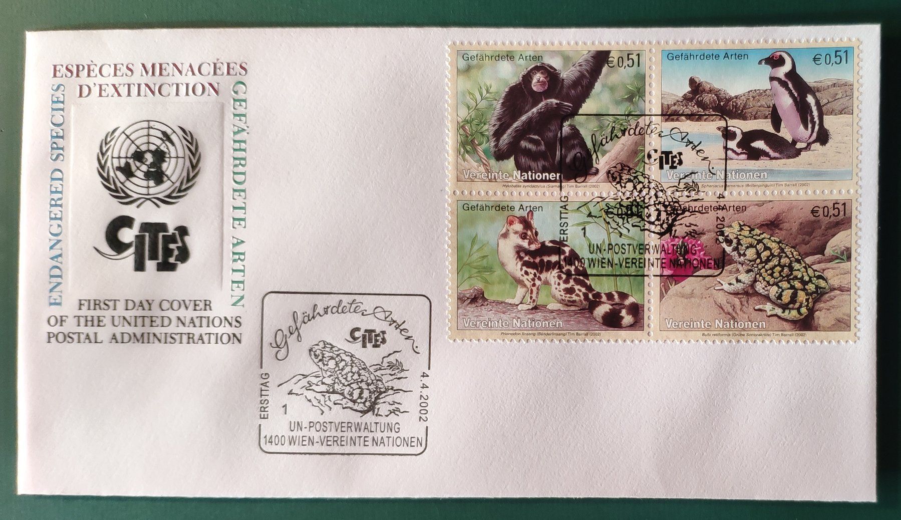 Alle Briefmarken: UNO Wien Gefährdete Tierarten  4.4.2002 – Neu (gemäss Beschreibung) aus Volketswil von Spacepanda