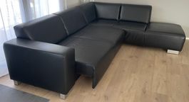Lederecksofa Schwarz Top-Zustand, 266x225 cm, Ausziehbar