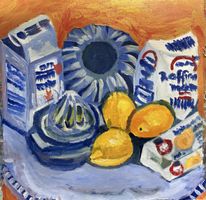 Acrylgemaelde Stillleben mit Zitronen und Geschirr bunt