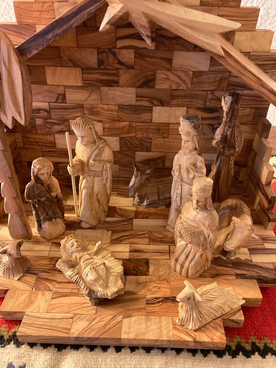 Zuluf Heilige Familie Krippe Aus Olivenholz – Handgeschnitzt In Bethlehem, 12,4 Cm, Josef, Maria & Jesuskind