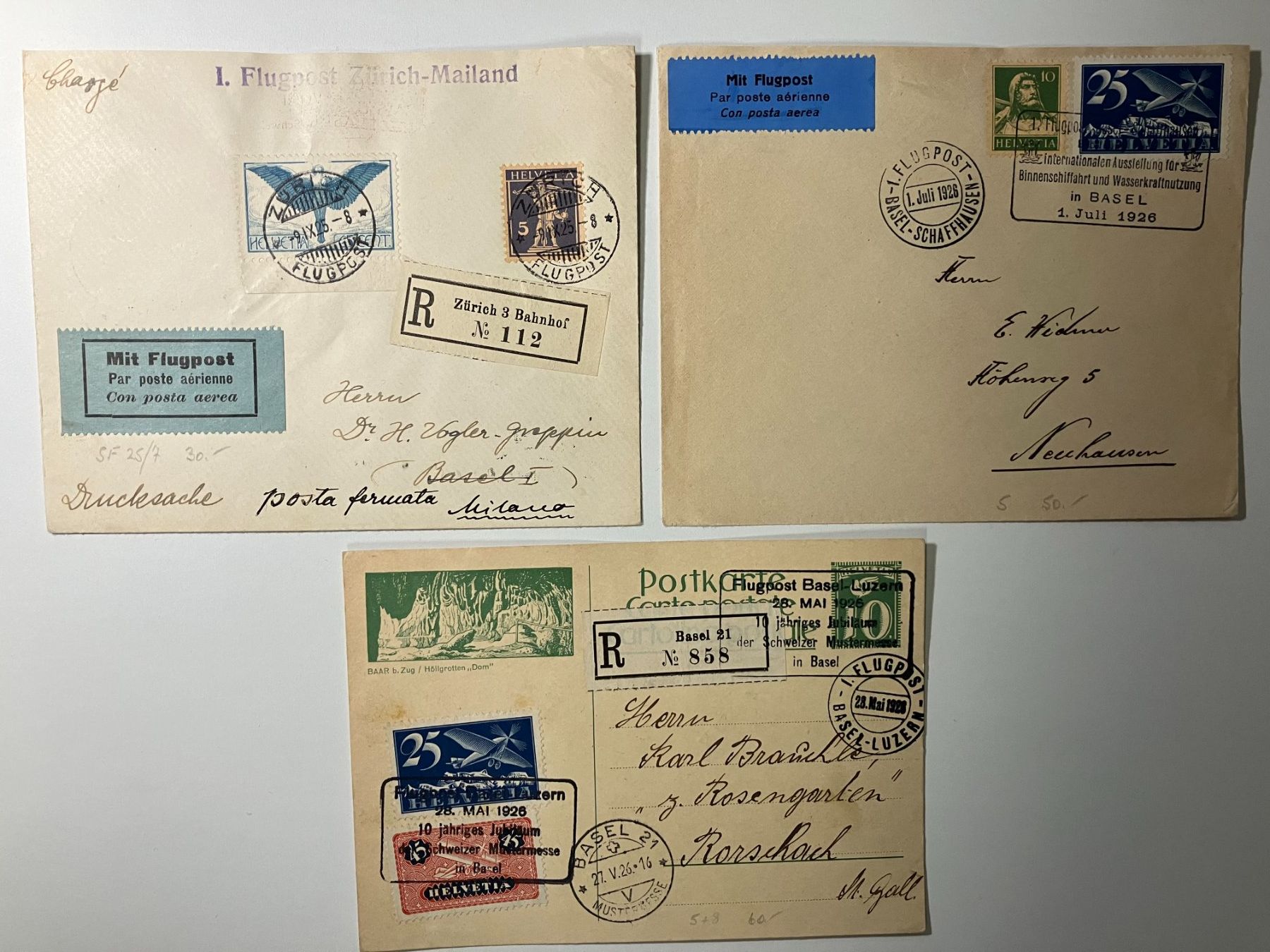 Tutti i francobolli: Flugpost 1925/26, 3 saubere Belege – Usato da Würenlos venduto da Eulenpostuhu