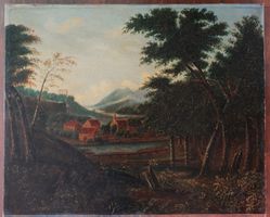 Antikes Gemälde-1872 - "Idyllische Landschaft am Fluss"