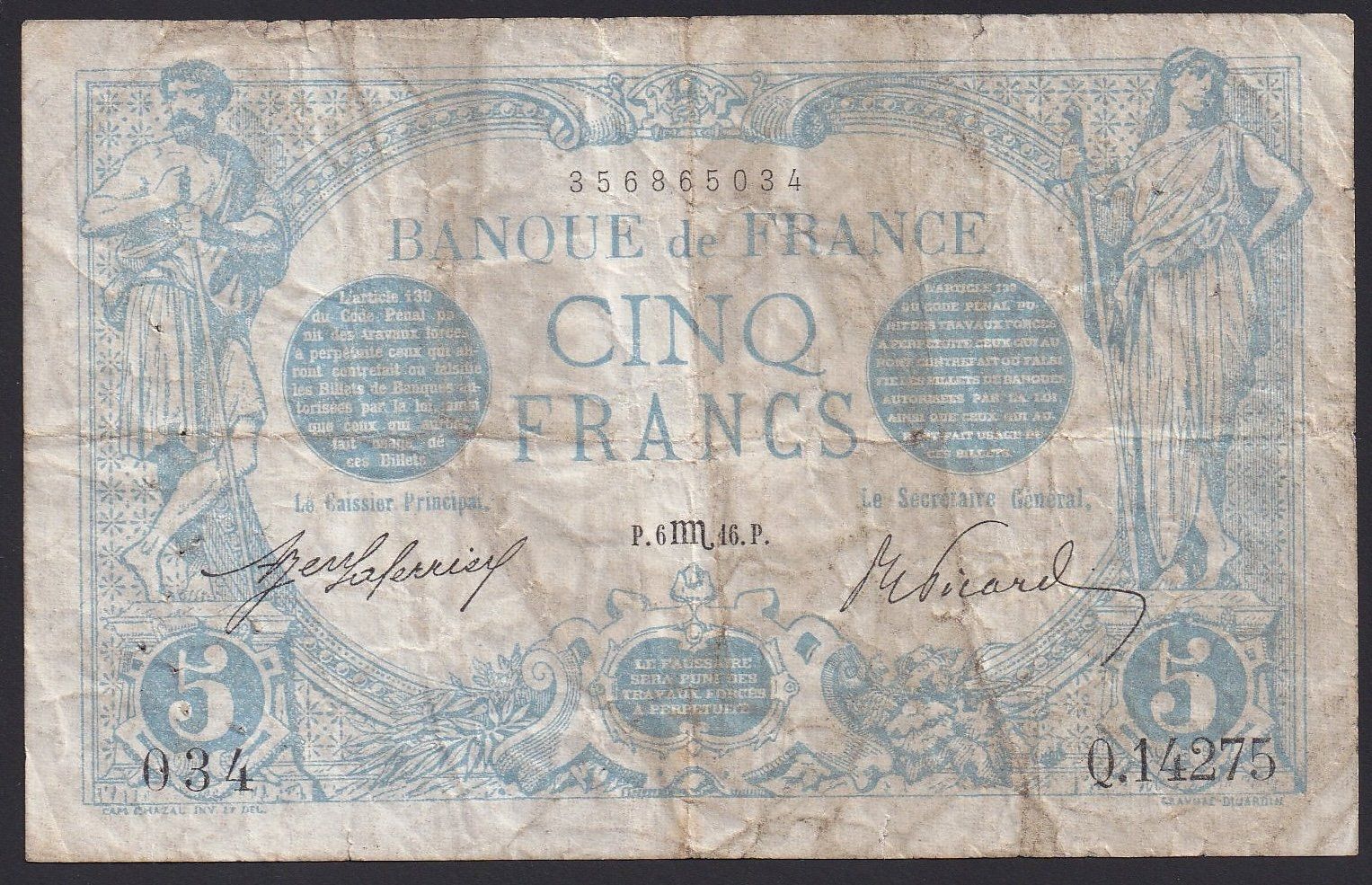 Banknoten: Frankreich 5 Francs 1916 – Gebraucht aus Brugg AG von banknoten_muesli