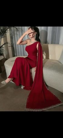 Burgundy one-shoulder dress, beaded, occasion wear, S