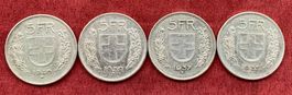 4 Silbermünzen 5 Franken Schweiz 1935-1940 diverse