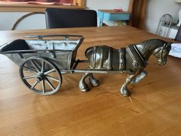 Vintage Pferdegespann aus Messing - Pferd mit Wagen - 45 cm