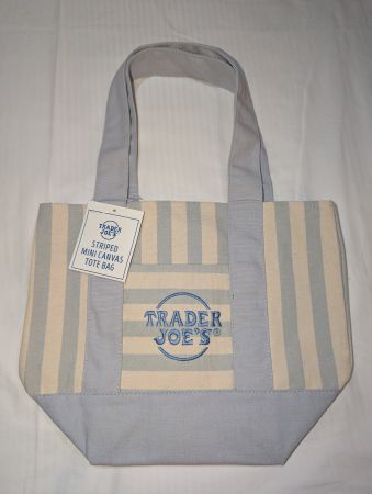 Trader Joes striped mini canvas tote bag blue
