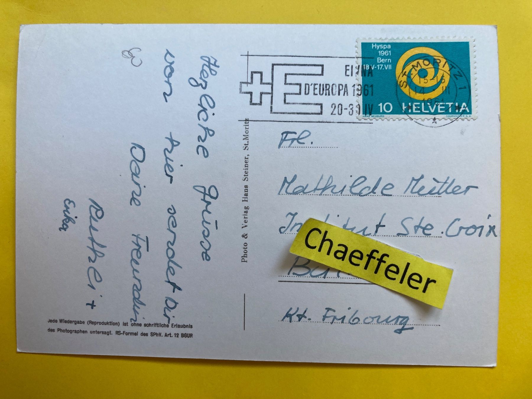 Cartoline postali: 1961 4233 Jugendherberge St. Moritz – Usato da Zürich venduto da Chaeffeler 1