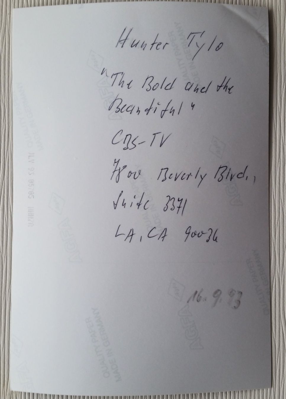 Autografi: Hunter Tylo, signiertes Original-Autogramm, 1993 – Usato da Oberriet SG venduto da Manick 1