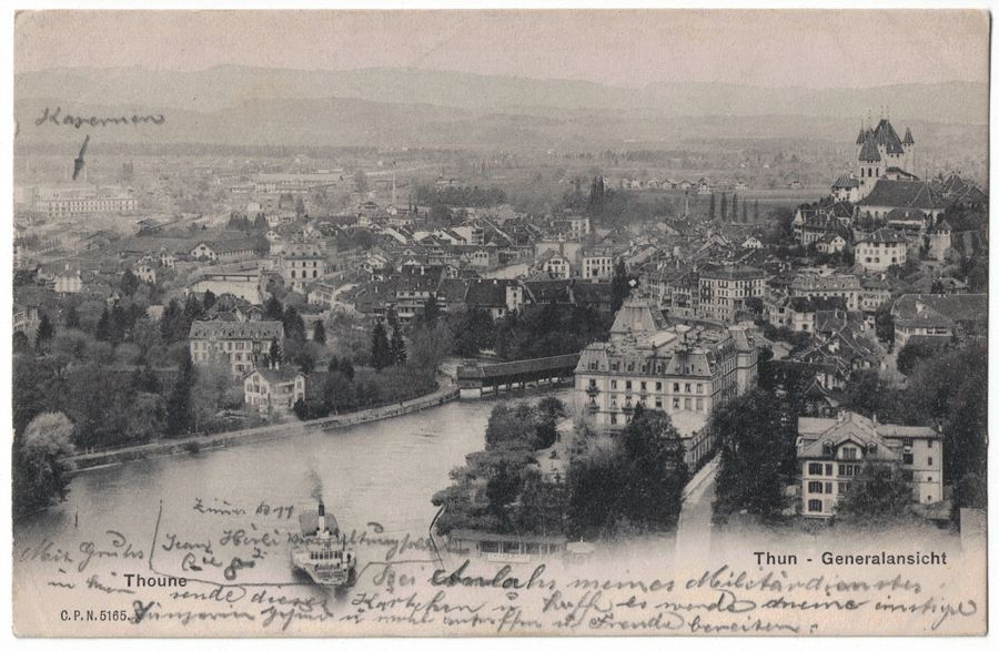 Ansichtskarten: Thun, Generalansicht, gelaufen Feldpost 1905 – Gebraucht aus Frauenfeld von POML