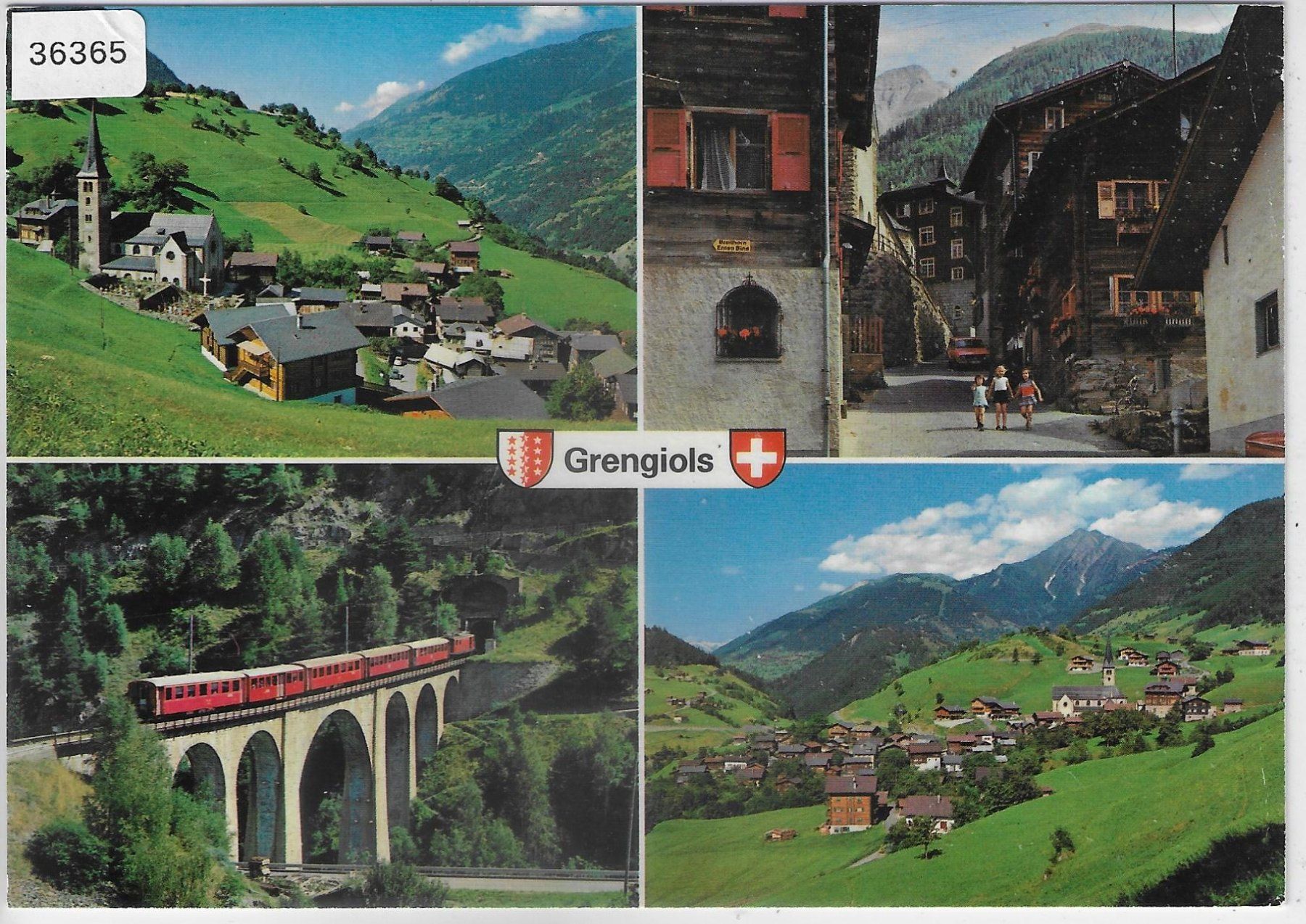 Cartoline postali: Grengiols - Kirche, Dorfstrasse, FO-Bahn, Goms – Usato da Ettingen venduto da Kartenplanet