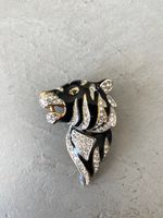 Vintage Panther Brosche, vergoldet, schwarze Emaille & Stras