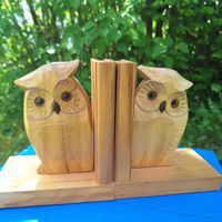 Altes Paar Buchstützen Holz Eulen – Vintage Handgeschnitzt