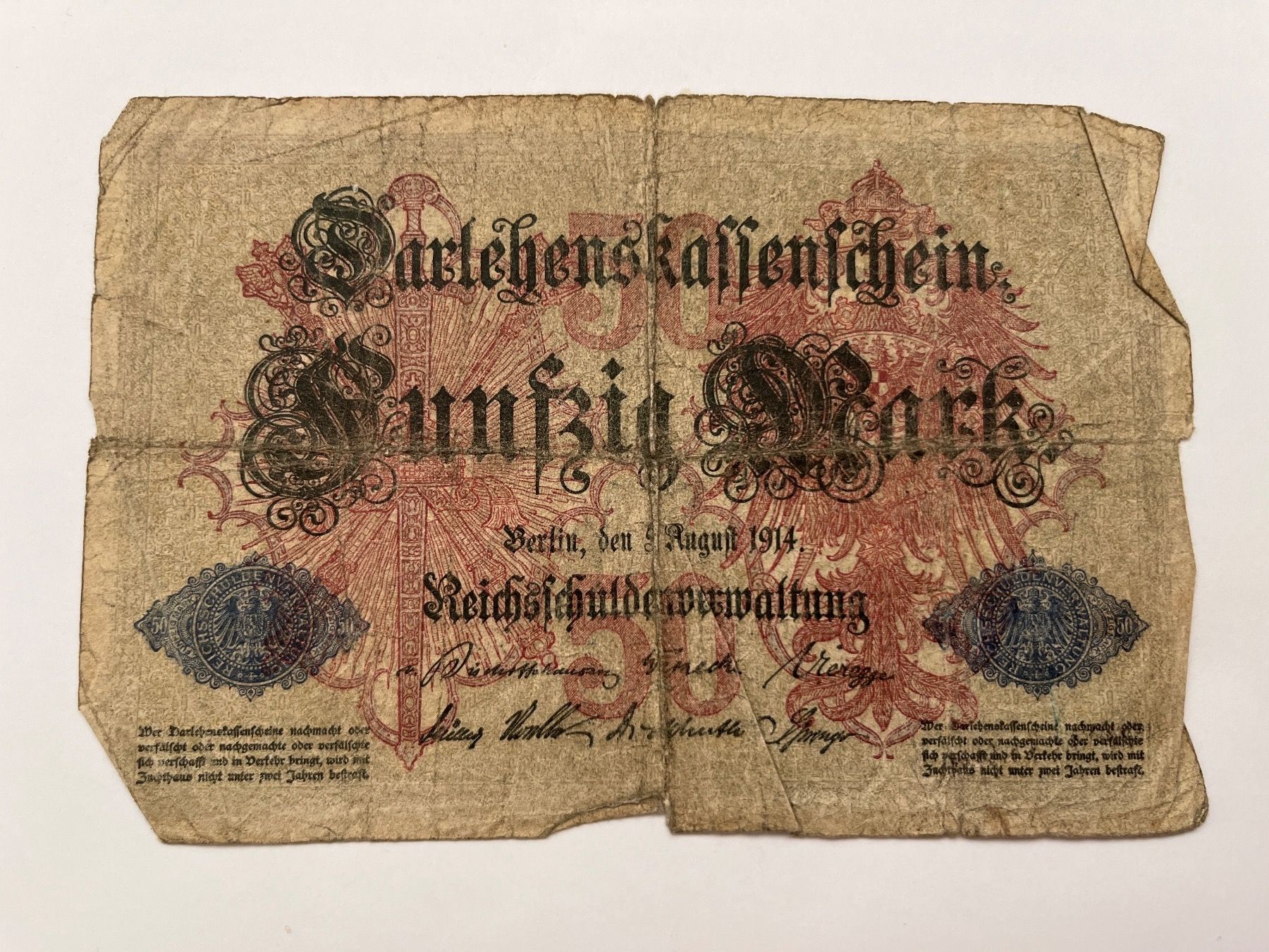 Banknoten: fünfzig 50 mark august 1914 - 1.Weltkrieg – Gebraucht aus Hergiswil NW von SLDM 1