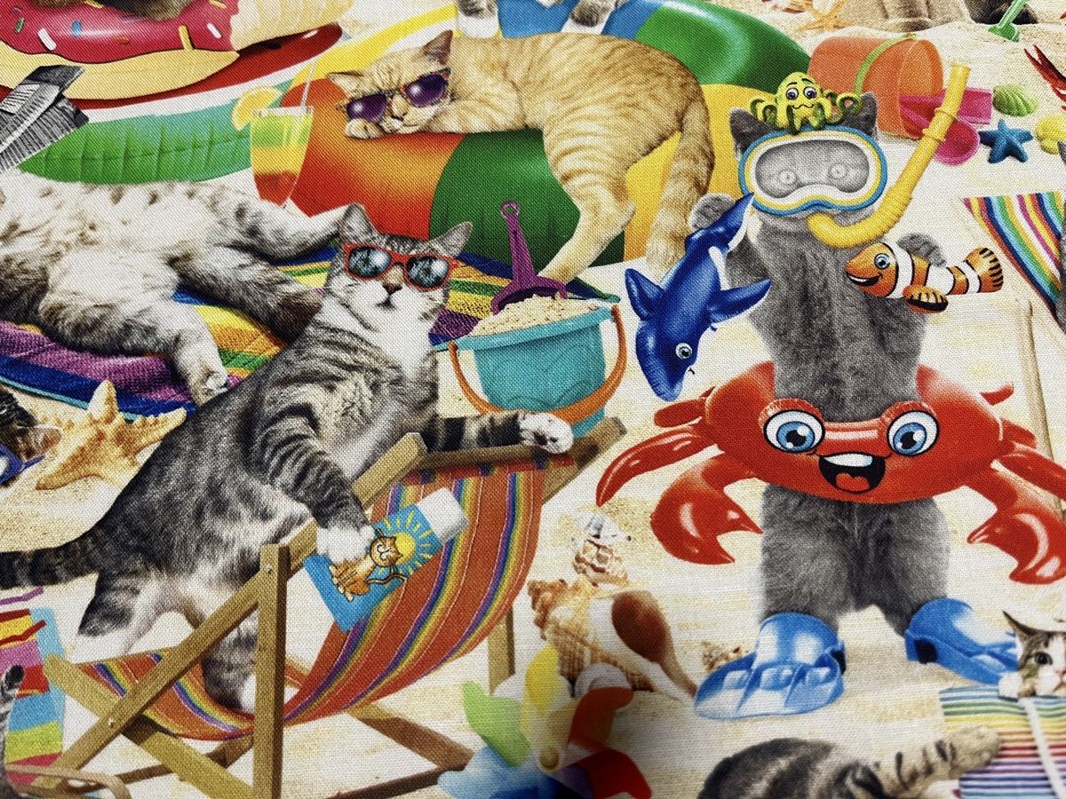 Tessuti: Patchworkstoff lustige Katzen bunt Strandleben – Nuovo (secondo la descrizione) da Seuzach venduto da KreativmitStoff 3