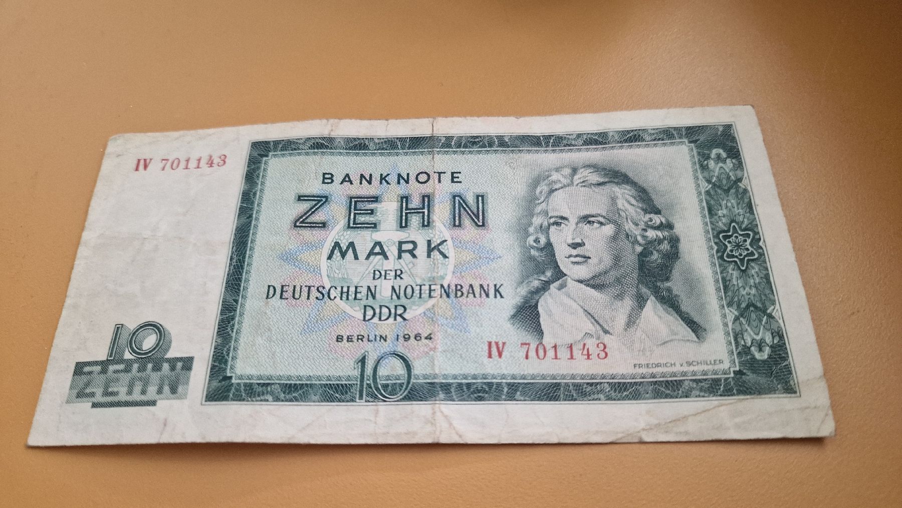 Banconote: DDR 10 Mark Schein von 1964 - Friedrich Schiller Note! – Usato da Herisau venduto da Antiques.AR