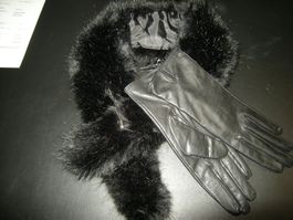 Leder Handschuhe Gr.S & Fellimitat Kragen schwarz