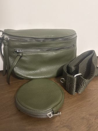 Gürteltasche Leder Khaki mit separatem Münzbeutel und Gurt