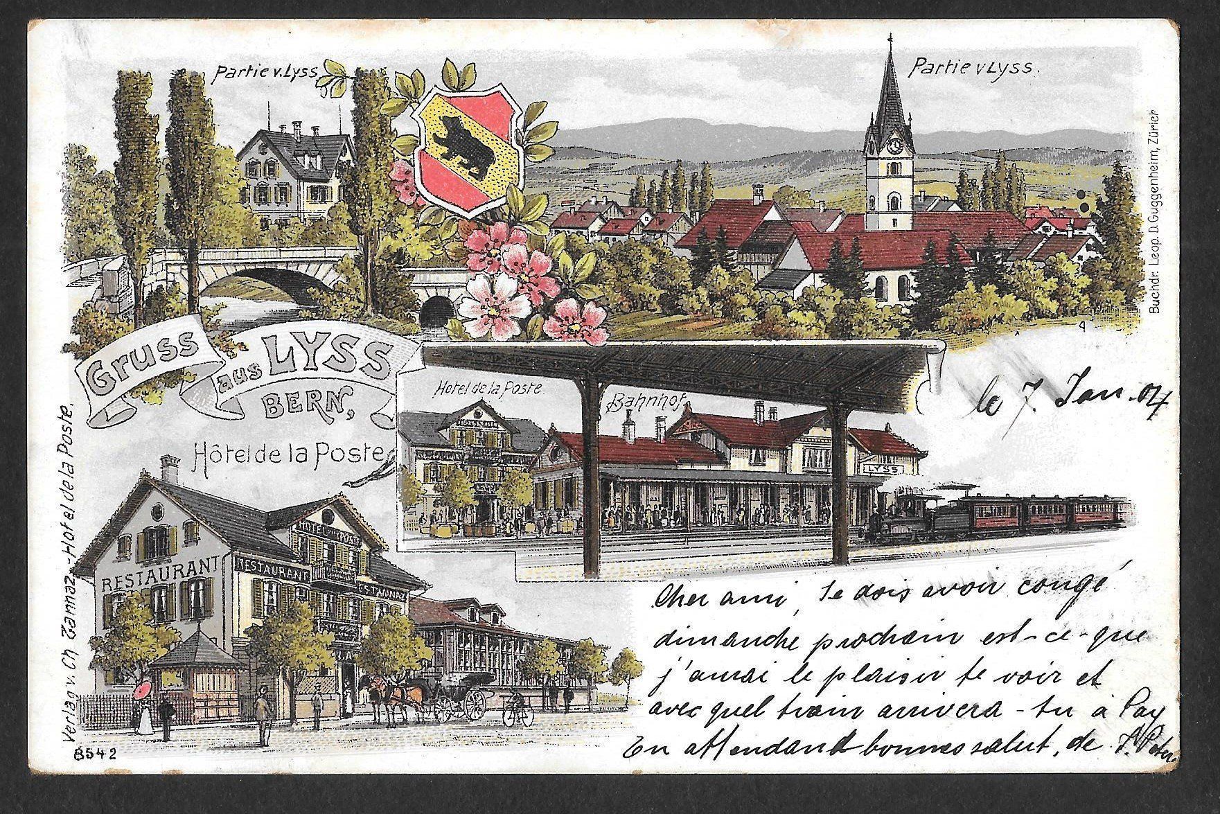 Ansichtskarten: Lyss farbige Lithografie Hotel de la Poste Bahnhof etc. – Gebraucht aus Olten von clotaldi