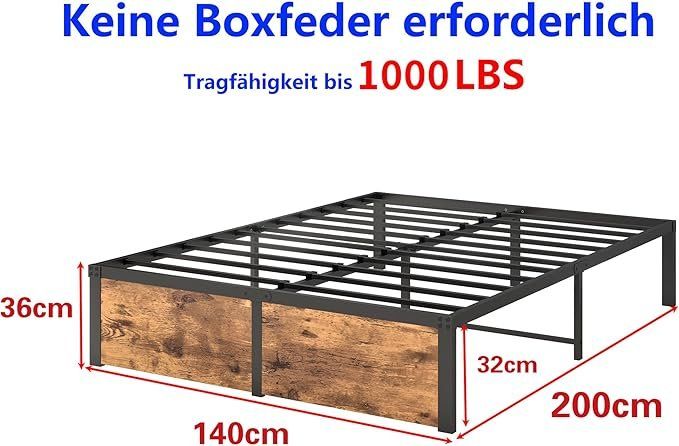 Produktbild von Bett 180x200 HOJINLINERO Metallbett 90x200 Mit Lattenrost – Stylisches Gästebett Im Industrial-Look Metallbett 90x200 Industrial