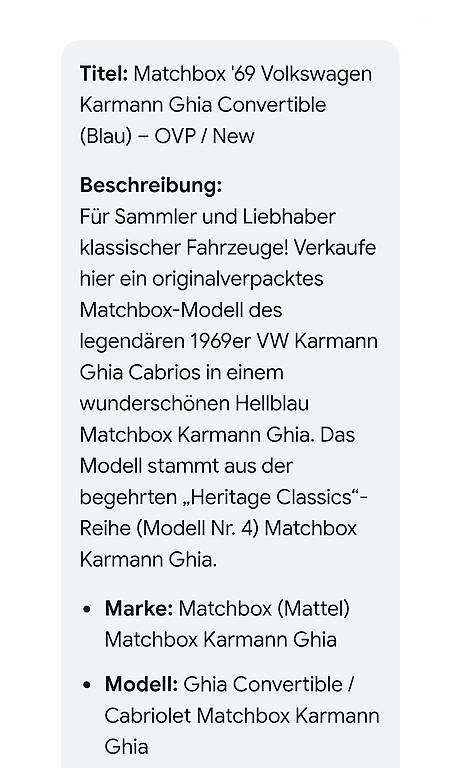 Modellautos: Matchbox 1969 Karmann Ghia Convertible – Neu und originalverpackt aus Seewen SO von 13m_k6x9 2