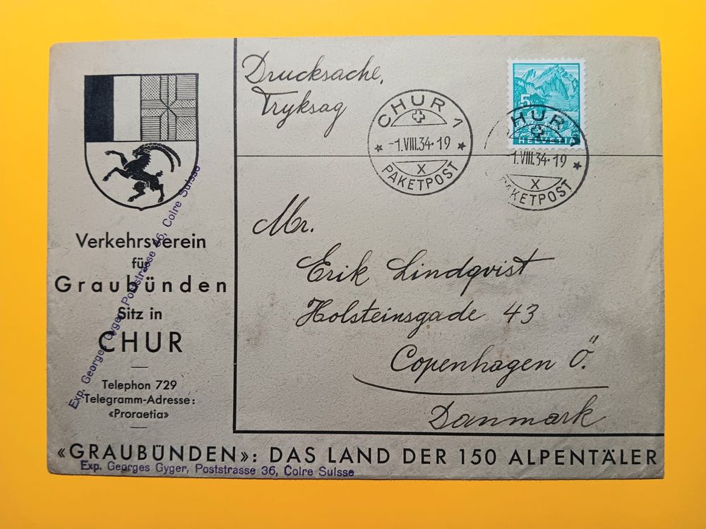 Drucksache Brief CHUR - DÄNEMARK 1934 | Kaufen Auf Ricardo