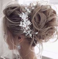Haarschmuck Braut Blumen Perlen Blatt silber 22cm neu