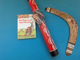 Didgeridoo Bumerang und Buch Känguru Set, Thema Australien 
