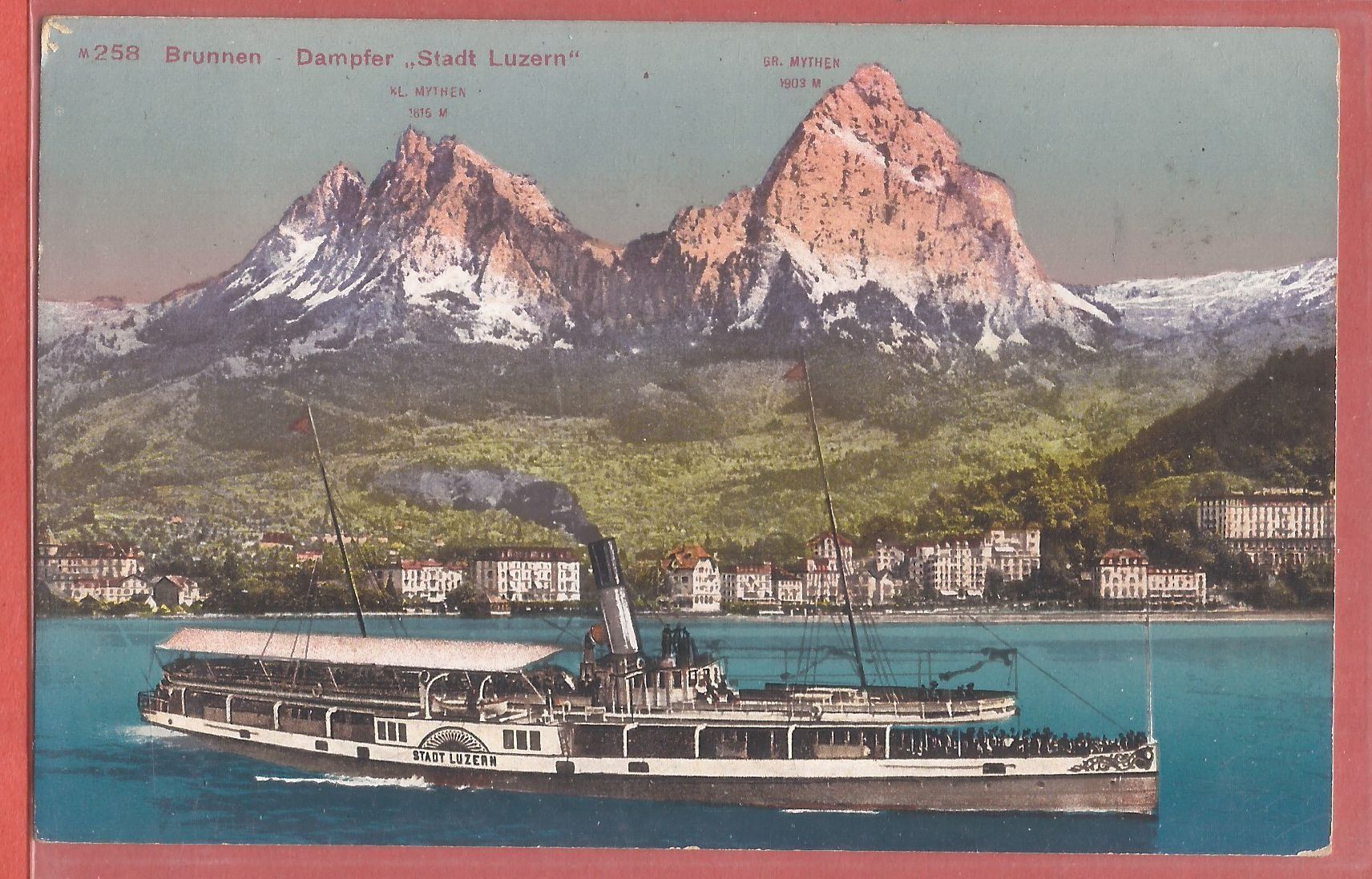 Ansichtskarten: Brunnen mit Dampfschiff 'Stadt Luzern' - ca. 1915 – Gebraucht aus Fislisbach von Porano