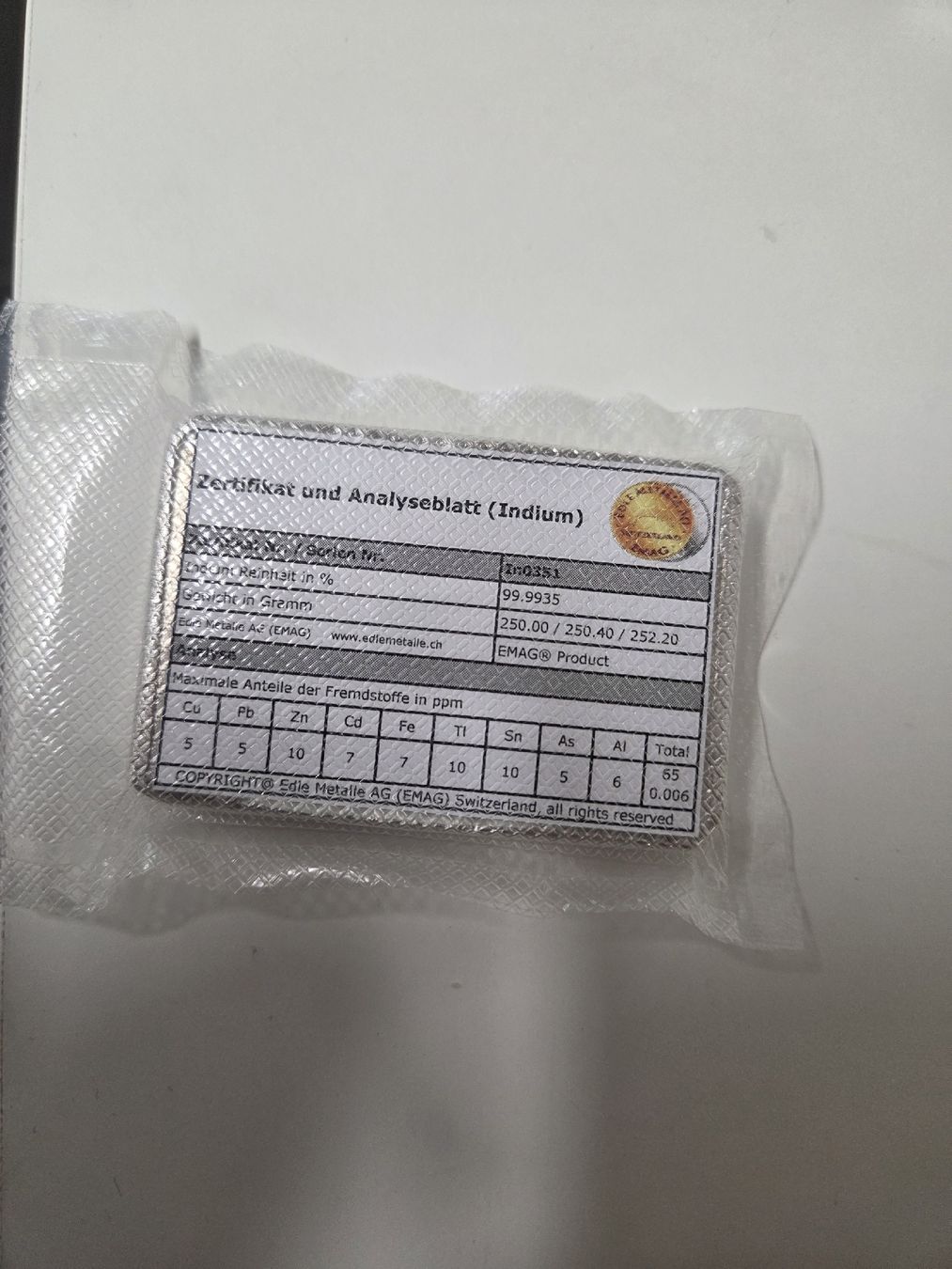 Métaux précieux: Indium Barren 99.99%  – Neuf (Voir description) à Gossau SG par Smoki 1