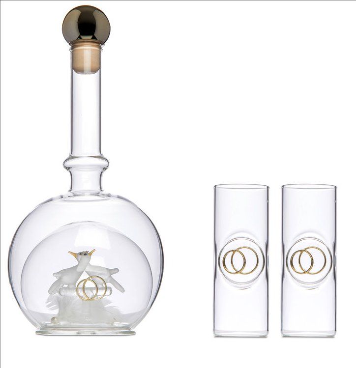Caraffe: HOCHZEIT - GLASFLASCHE MIT 2 TAUBEN UND 2 GLÄSER MIT RINGEN – Nuovo (secondo la descrizione) da Möhlin venduto da saga02