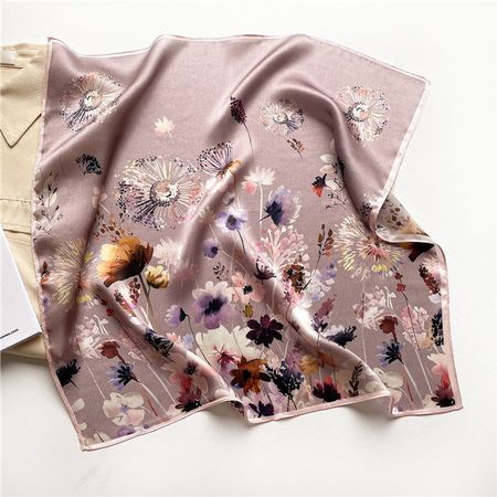 New 53cm Silk Scarf, Floral Lilac Taupe Silk Scarf
