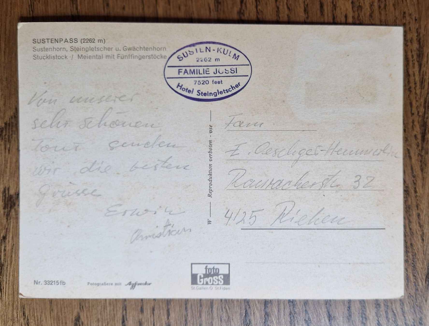 Cartoline postali: Sustenpass, Stempel Hotel Steingletscher, Fam. Jossi – Usato da Ebikon venduto da Donar50 1
