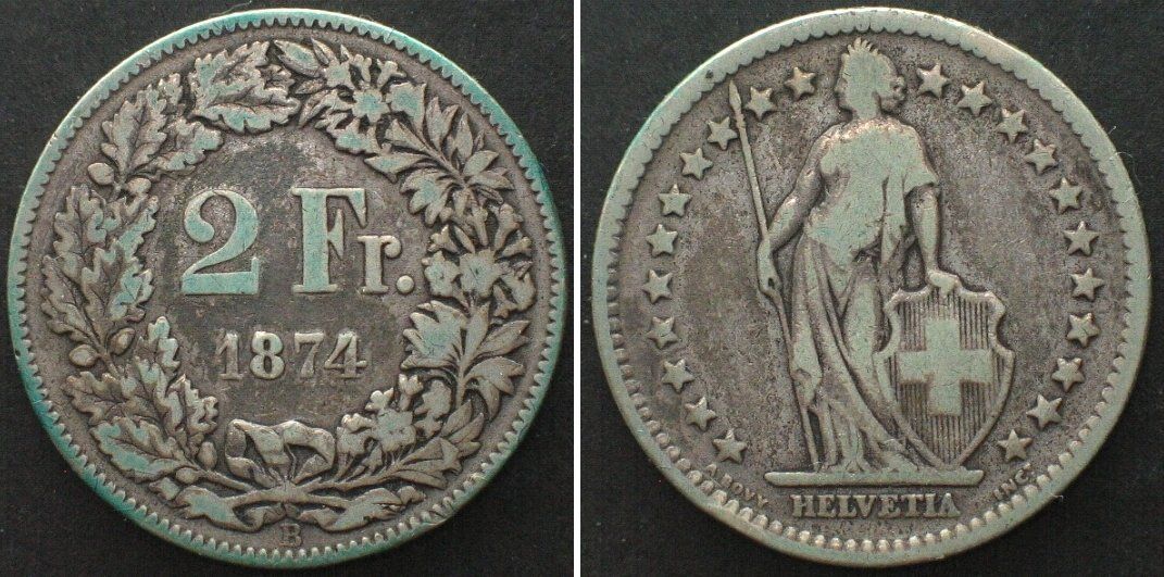 Alle Münzen: Schweiz EIDGENOSSENSCHAFT 2 Franken 1874 Silber SELTEN! – Gebraucht aus Riehen von sesambestcoins2004